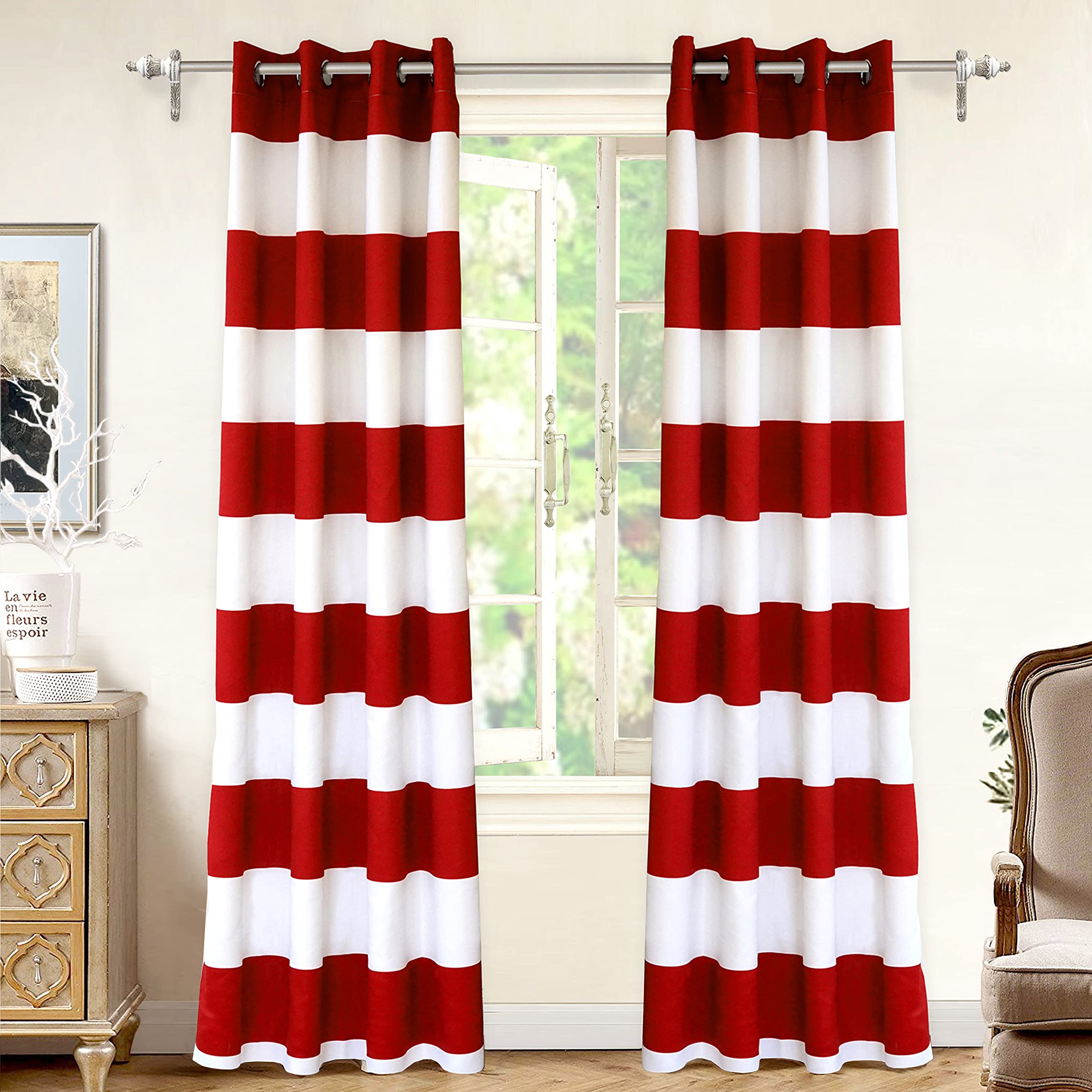 ドレープカーテン　赤　白　茶　ストライプ Amazon｜DriftAway レッドストライプルームダークニングウィンドウ